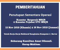 Atas sebab2 yang tertentu, kisah politik tanah air terpaksa di alihkan ke channel baru kami di channel pasar karat dan link channel tersebut adalah seperti. Majlis Bandaraya Johor Bahru Mbjb Penutupan Sementara Operasi Kaunter Bergerak Mbjb Kaunter Pejabat Utc 15 16 November 2018 Sebarang Kesulitan Amat Dikesali Harap Maklum Facebook
