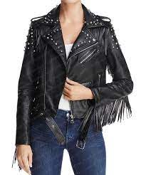Women S Studded And Fringe Motorcycle Black Leather Jacket Fringe Leather Jacket Leather Jackets Women Womens Black Leather Jacket