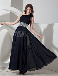 Dark Navy Blue Chiffon One Shoulder Prom Dress Wedding Guest Dress