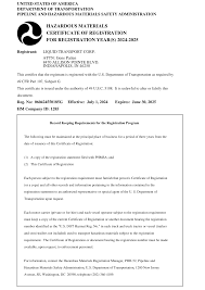 HAZARDOUS MATERIALS CERTIFICATE OF REGISTRATION FOR REGISTRATION YEAR(S)  2024-2025