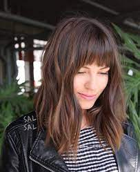 Layered Brunette A Line Lob With Fringe Bangs And Highlights The Latest Hairstyles For Men And Women 2020 Hairstyleology Hair Styles Hair Lengths Long Hair Styles