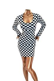 Black And White Checkered Bodycon Dress Uv Glow Black White Checkered Winners Flag By Coquetryclothing Dresses For The Races Long Sleeve Mini Dress Long Sleeve Bodycon