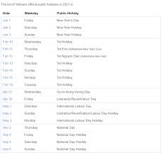 Declaration of thursday, 13th may, 2021 as a statutory public holiday source: Vietnam Public Holidays