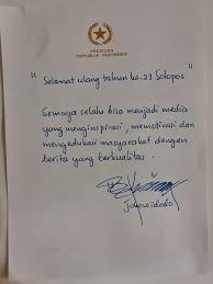 Alangkah baiknya jika dalam mengucapkannya menggunakan ucapan ulang tahun yang islami. Presiden Jokowi Kirim Surat Ucapan Selamat Ultah Ke 23 Untuk Solopos Semoga Selalu Menginspirasi