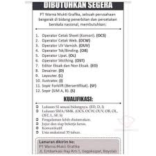 Wanita pendidikan minimal sma umur maksimal 30 tahun tidak berkacamata sehat jasmani dan rohani. Lowongan Kerja Pt Warna Mukti Grafika Di Solo Info Loker Solo
