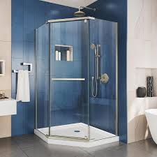 Shop shower stalls & enclosures and a variety of bathroom products online at lowes.com. Dreamline Dreamline Prism 42 In D X 42 In W X 74 3 4 H Frameless Pivot Shower Enclosure In Brushed Nickel And Corner Drain White Base Kit In The Shower Stalls Enclosures Department At