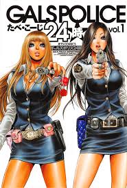 tabe koji, galspolice 24h, highres, photoshop (medium), 2girls, aiming,  aiming at viewer, blouse, breasts, brown hair, cleavage, collared shirt,  dark-skinned female, dark skin, eyelashes, fingernails, ganguro, gyaru,  hair over one eye, jewelry,