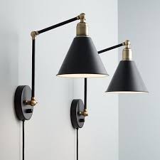 Black And Brass Wall Sconce Plug In Wray Black And Antique Brass Plug In Wall Lamp Set Of 2 9j684 Lamps Plus Plug In Wall Lamp Modern Wall Lamp Plug In Wall Sconce