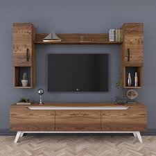 Rani A5 Duvar Rafli Kitaplikli Tv Unitesi Duvara Monte Dolapli Modern Ayakli Tv Sehpasi Ceviz Beyaz M27 Tasarim Oda Mobilya Tasarim