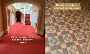 In many cases older floor tiles will have been laid by being butted up hard against each other and it can be difficult to prise them out without risking remove some of the old bedding evenly and apply tile adhesive to back of tile. Couple Renovating 1830 S English Manor Home Discover Original Tiled Floors Under Old Carpet Daily Mail Online