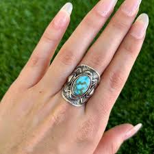 Kingman Turquoise Stamped Cigar Band Tapered Ring Handmade Navajo Derrick  Gordon