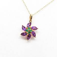 14k Amethyst Emerald Pendant Purple Amethyst Pinwheel Flower Green Emerald Cluster Center In Solid 14k Gold Pendant On Gold Fill Chain Emerald Pendant Purple Amethyst Gold Filled Chain