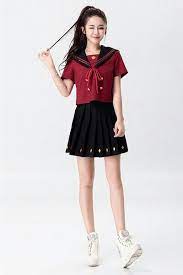 カワイイ ワインレッド 2本ラインセーラー学生服 スクール女子高生通学服 ダブルボタン仕様セーラー制服 コスプレ学生コスチューム ファッションアイデア デザインスタイル ファッション