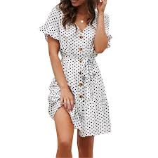 women short sleeve spotted v neck button mini dress