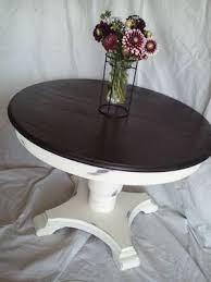 Diy White Painted Round Pedestal Table With Dark Stained Top And Distressed Base Kitchen Table Makeover Kitchen Table Redo Stained Table