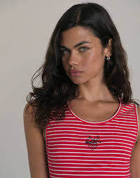 Red and White Stripe with Strawberry Emb Tank Top