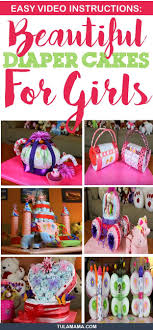 Get a gift and a centerpiece all in one. Easy Video Instructions Beautiful Diaper Cake Ideas For Baby Girls Diaper Cakes Girl Baby Girl Diaper Cake Baby Shower Diaper Cake