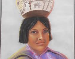 Vintage 1975 dessin au fusain amérindien Apache Arizona sud-ouest Navajo  fille jeune femme art indien artiste signé Her First Parade