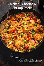 Chicken Chorizo And Shrimp Paella Recipe Eats By The Beach Recipe Paella Recipe Paella Recipe Chicken Paella Recipe Seafood