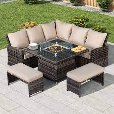 Save £900.00 | rrp £2,899.00. Nova Compact Cambridge Fireglow Casual Dining Rattan Corner Sofa With Gas Firepit Table Brown Crownhill