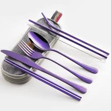 stainless steel travel dinnerware set purple in 2021 travel utensils reusable utensils metal straws