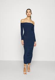 Steal the show in this hot number! Missguided Bardot Slinky Ruched Midaxi Dress Jersey Dress Navy Dark Blue Zalando De