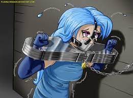 993824 - artist:plasma-dragon, blushing, bondage, chains, clothes,  derpibooru import, dress, evening gloves, female, gag, gloves, human,  humanized, lock, metal, muzzle gag, questionable, solo, solo female,  stocks, the weak and powerless trixie, trixie -