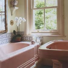 Pink Bathroom Suite With Blue White Tiles From Houseandgardenuk March 16 Don T Ditch Your Avocado Basin Just Yet Pink Bathroom Pink Tub Retro Bathrooms