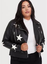 Black Faux Leather White Star Moto Jacket Fake Leather Jacket Plus Size Leather Jacket Faux Fur Cropped Jacket