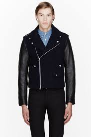 Acne Studios Blue Navy Leather Trimmed Cassady Biker Jacket Long Sleeve Felted Wool Coat In Nav Best Leather Jackets Mens Clothing Styles Mens Designer Fashion