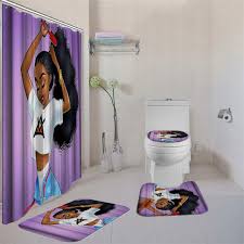 Check spelling or type a new query. 4 Pcs Bathroom Sets With Shower Curtain African American Girl Shower Curtain Bath Rug Sets Toilet Cover Bath Mat Set With Hooks Street Market Africa