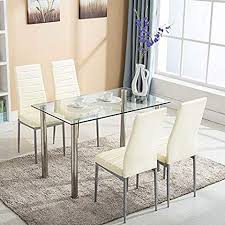 5 Pieces Modern Glass Dining Table Set With 4 High Back Faxu Leather Chairs White Glass Dining Table Set Modern Glass Dining Table Glass Dining Table