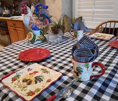 Black And White Checkered Tablecloth Fabric Images Of Black And White Checkered Fabric With Roosters Black And White Check Tablecloth Was Used A Hot Chicken Salads French Country Kitchens Rooster Decor