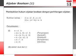 Bentuklah persegi panjang sedemikian hingga mencakup sebanyak banyaknya angka 1, tapi jumlah angka 1 nya harus 2n, seperti 1, 2, 4, 8, 16, 32, dan seterusnya. Contoh Soal Aljabar Boolean