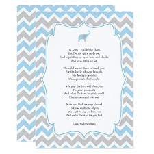 I don't think it is too often that a poem about baby is given as a gift. Baby Shower Poem Thank You Notes Blue Elephant Zazzle Com Baby Shower Poems Animal Baby Shower Invitations Modern Baby Shower Invitations