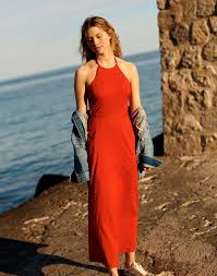 Madewell Halter Tie Back Midi Dress Worn With The Oversized Jean Jacket Saias Shorts