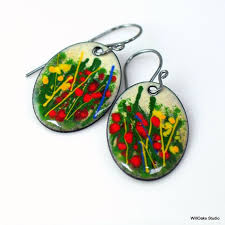 Bright Copper Enamel Dangle Earrings Red Yellow Floral Design Handmade Original Vitreous Enamel On Metal Enamel Jewelry Enameling Jewelry Vitreous Enamel