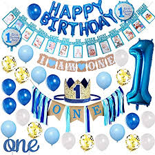 Throwing a 1st birthday party for your little one and looking for that perfect cake? Amazon Com Baby Boy 1st Birthday Decorations And Photo Banner 0 12 Month First Birthday Crown Cake Topper One Happy Birthday Balloons Banner Number 1 Foil Balloon Blue And White Balloons Party Decorations Toys