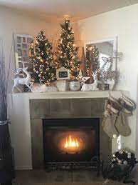 Warm And Cozy Corner Mantle Christmas Decor Reindeer White Silver Gold Christmas Mantle Decor Christmas Fireplace Decor Corner Fireplace Decor