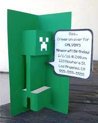 I scored the green pieces at 3/16 intervals to make the squares, and cut the eyes at 3/4 x 3/4. Calvin S Minecraft Birthday Party Catchmyparty Com Minecraft Birthday Card Minecraft Birthday Minecraft Party Invitations