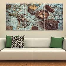Artistic wall art design for bedroom. Amazon Com 3 Panel Canvas Wall Art Historical World Map Pictures For Living Room Teal Blue Artwork Premium Quality Prints Paintings Giclee House Modern Decor Wooden Framed Stretched Ready To Hang 60 Wx28 Posters