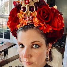 Corona de flores rojas, Calavera de azúcar, Corona de flores de La Catrina,  Diadema de Halloween, Disfraz de Halloween, Tocado del Día de los Muertos,  Corona de flores rojas