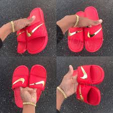 Black And Gold Nike Slides Womens Nike Benassi Swoosh Red Golden Check Slides Nike Slippers Gold Nike Slides Nike Shoes Outlet