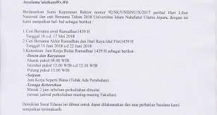 Dia bersama istri dan anaknya yang berusia dua bulan mudik ke rumah orangtuanya sejak awal ramadan. Surat Edaran Cuti Bersama Dan Jam Kerja Ramadhan 1439 H Unisnu
