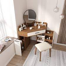 This compact vanity set with a sophisticated design adds a delightful allure to any bedroom. Corner Makeup Vanity With Drawer Side Cabinet Multifunctional Dressing Table Mirror Included Simple Bedroom Decor Simple Bedroom Bedroom Furniture Design