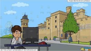 A Clueless Man Using The Computer In The Office And The Exterior Of Cardiff Castle Background Castle Background Beige Walls Blue Desk