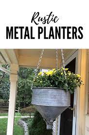 The rustic farmhouse planter resembles a vintage wood container but is handcrafted of cast stone. Old Vintage Metal Funnels Make Fabulous Plant Hangers Metal Hanging Planters Hanging Plants Outdoor Hanging Plants Indoor