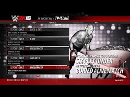 There aren't many images but only because i don't want to spoil anything, anyways. Wwe 2k16 Showcase Stone Cold Vs Undertaker Rock Bottom In Your House Buried Alive Youtube