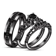 His Her Diamond Engagement Ring Trio Set Black Gold Finish 925 Sterling Silver Cz Moissanite Wedding Ring Trio Sets Skull Wedding Ring Black Gold Jewelry