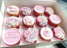 Baby Girl Baby Shower Cupcakes In Pink Purple And White Cerise Pink Cases Buttercre Girl Shower Cupcakes Baby Shower Cupcakes For Girls Baby Shower Cakes Girl